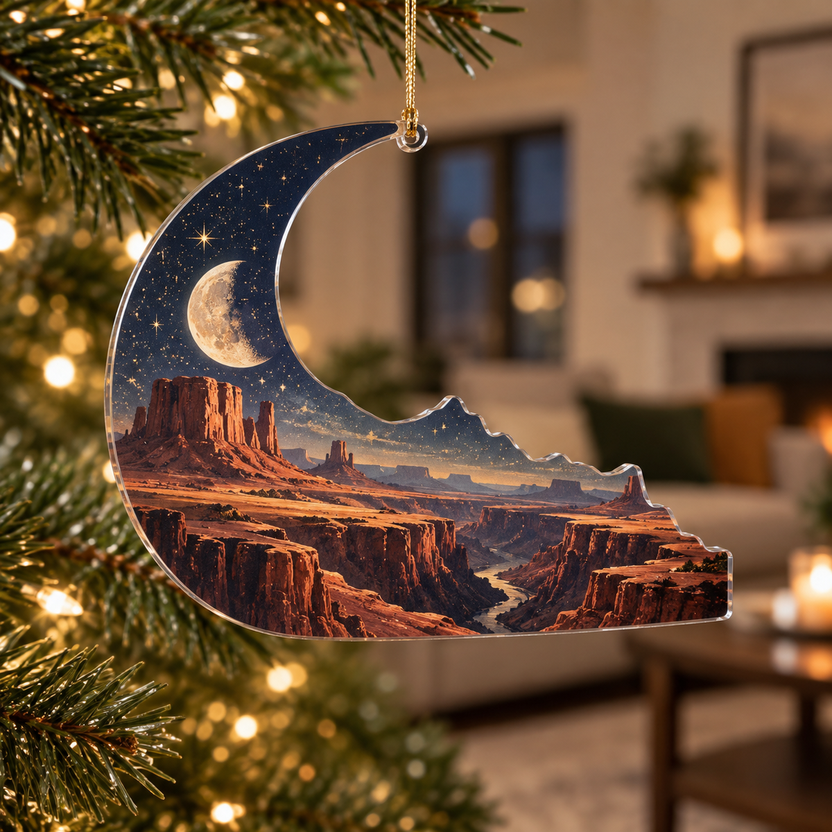 Desert Night Sky Living Room Ornament with flat printed optical 3D indigo starfield, burnt-sienna dunes and pale moon