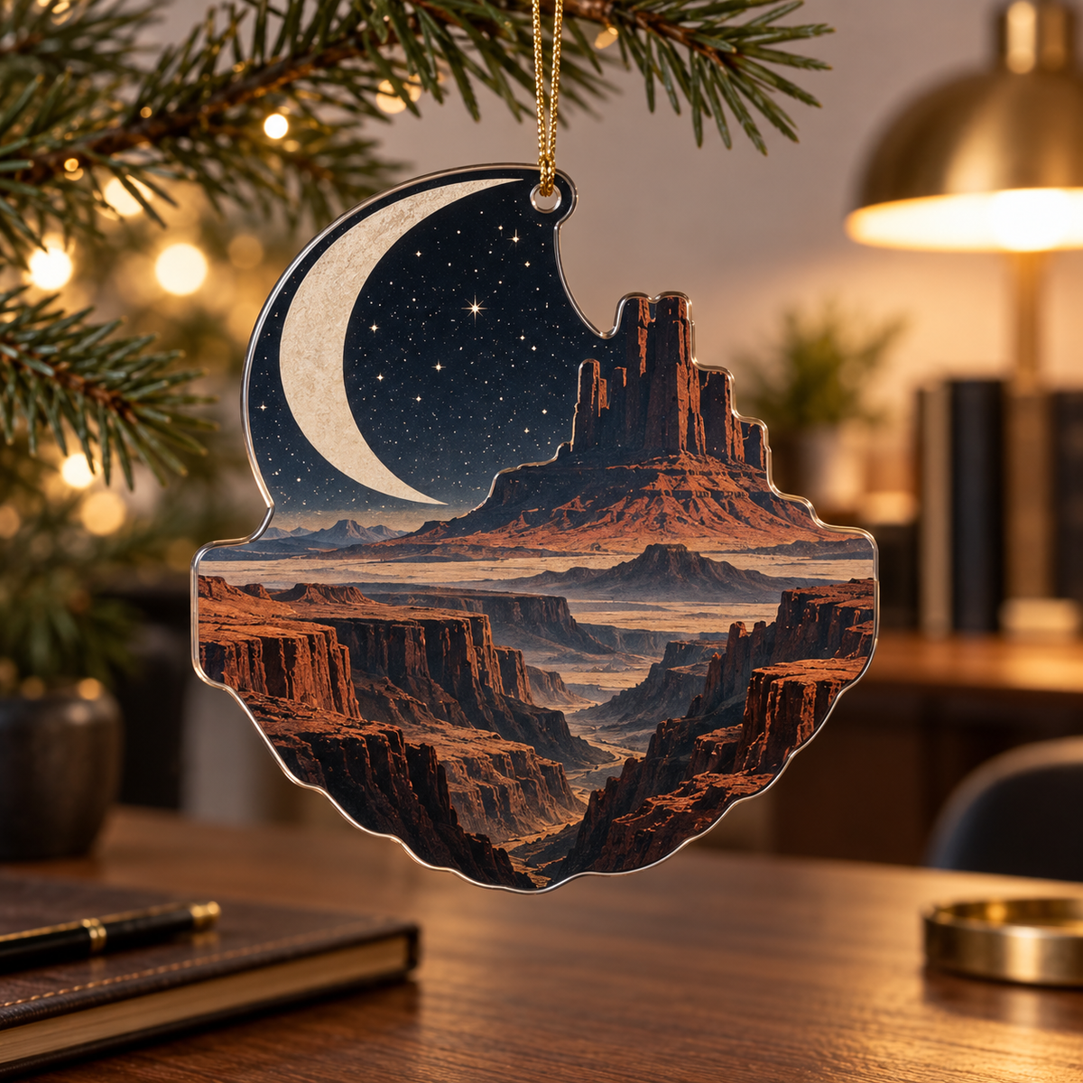 Desert Night Sky Home Office Ornament with flat printed optical 3D blue-black starfield, rust sandstone dunes and pale moon