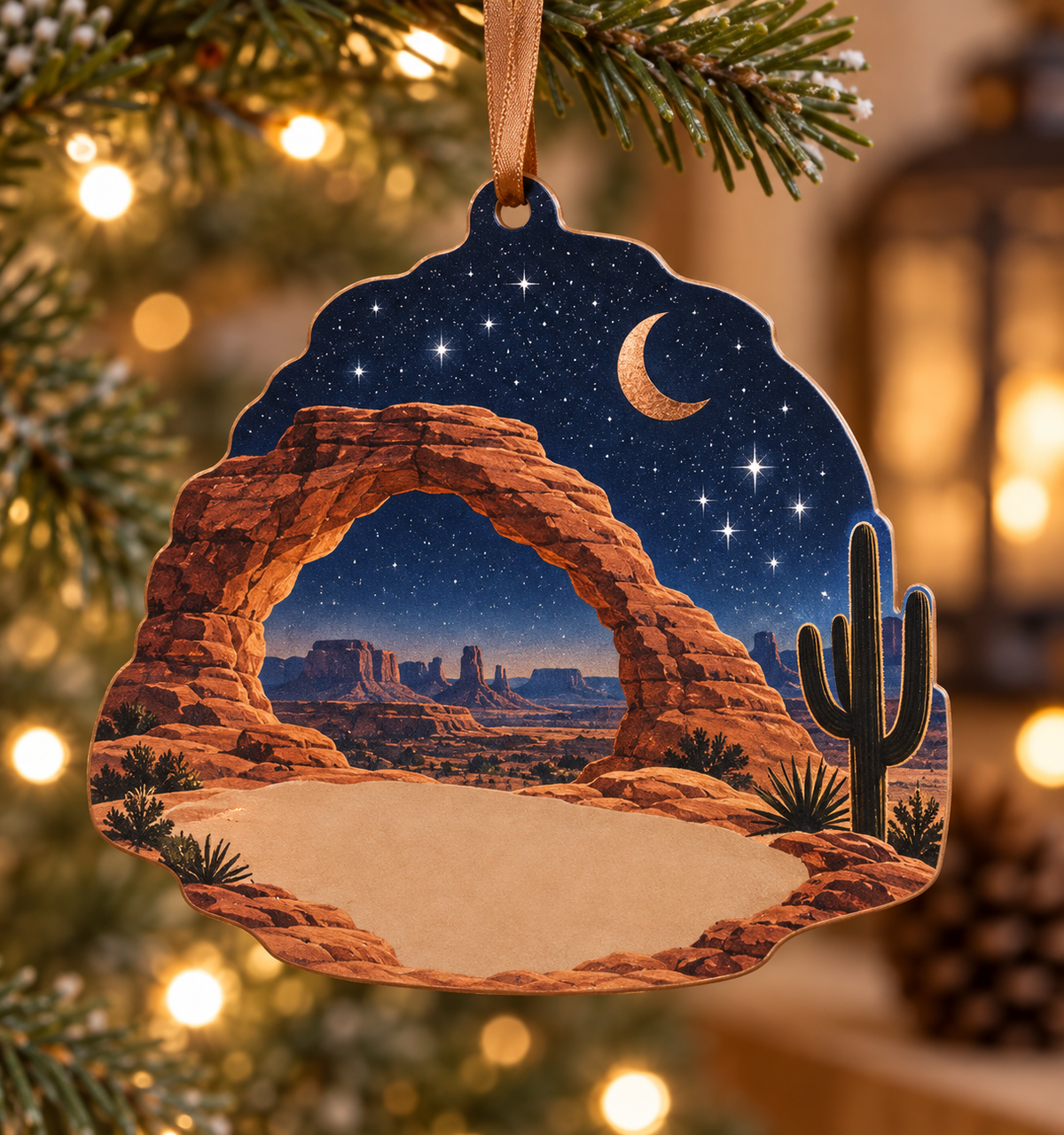 Desert Night Sky Housewarming Ornament with flat printed optical 3D indigo stars, copper moon and terracotta desert mesas