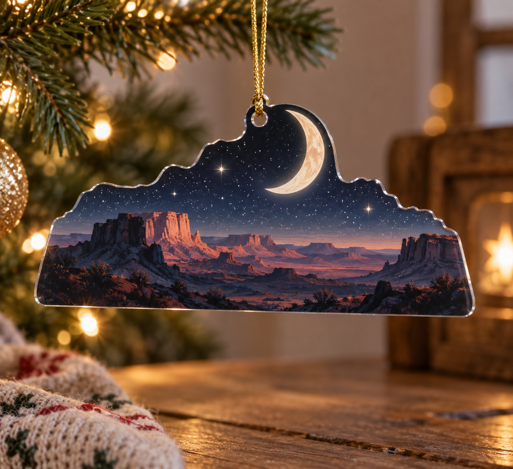 Desert Night Sky Quiet Corner Ornament with flat printed optical 3D indigo stars, muted rose canyon terraces and moon halo