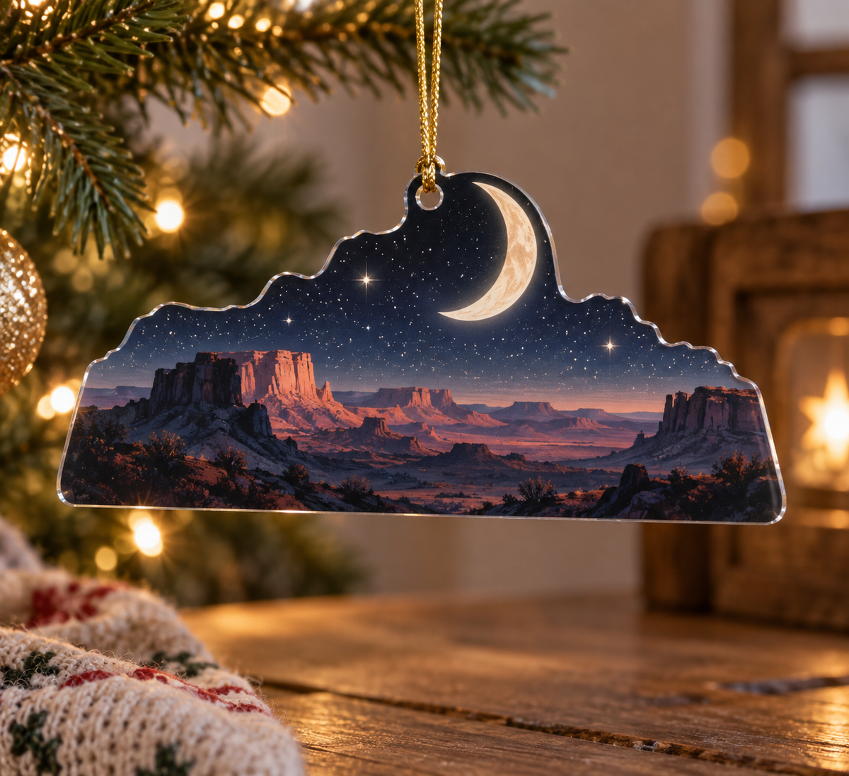 Desert Night Sky Quiet Corner Ornament with flat printed optical 3D indigo stars, muted rose canyon terraces and moon halo