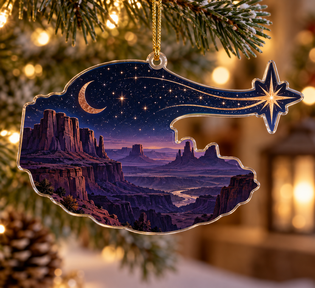 Desert Night Sky Birthday Ornament with flat printed optical 3D midnight stars, copper crescent and violet desert mesas