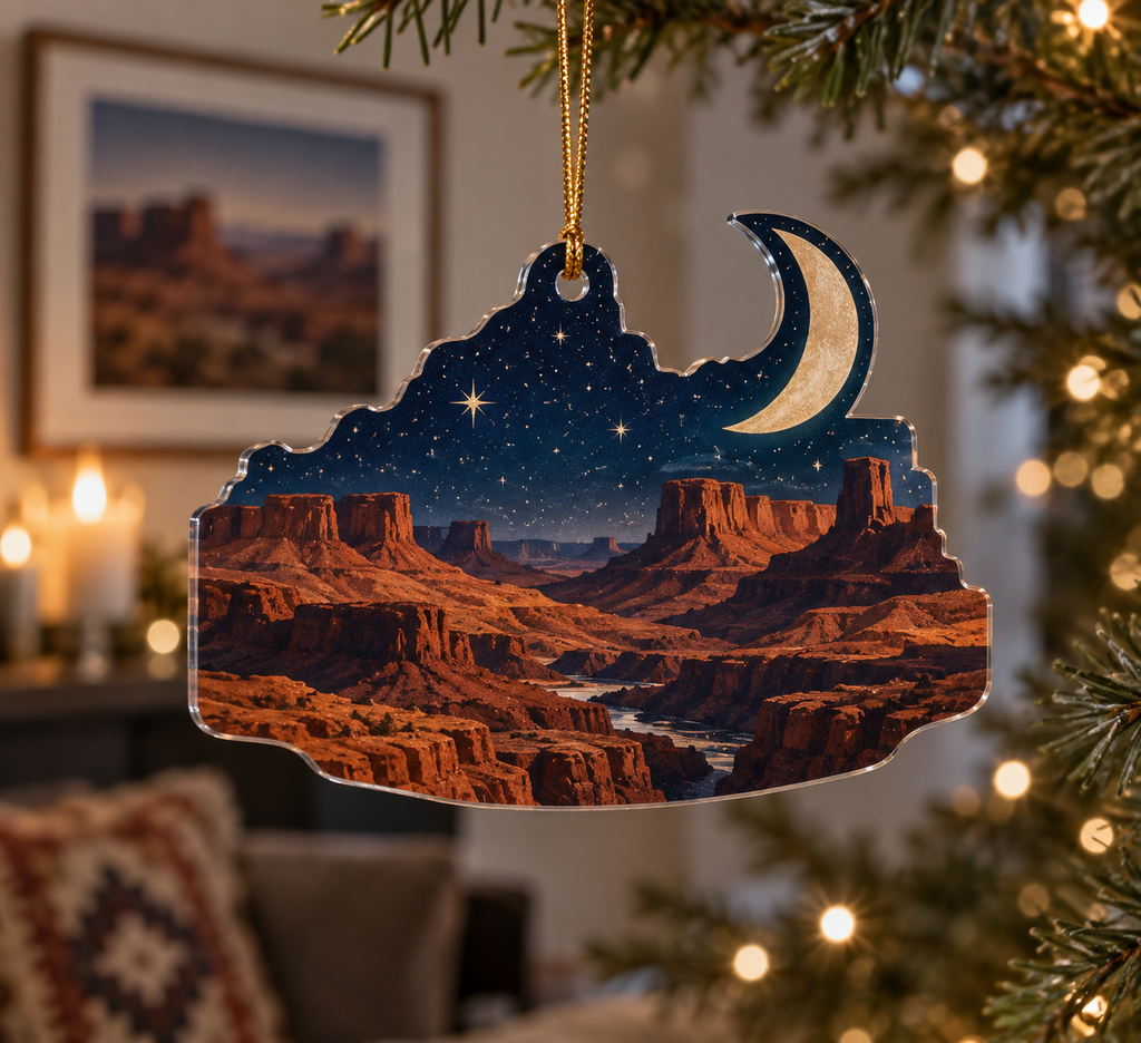 Desert Night Sky Gallery Ornament with flat printed optical 3D cobalt stars, ivory crescent and sienna desert mesas