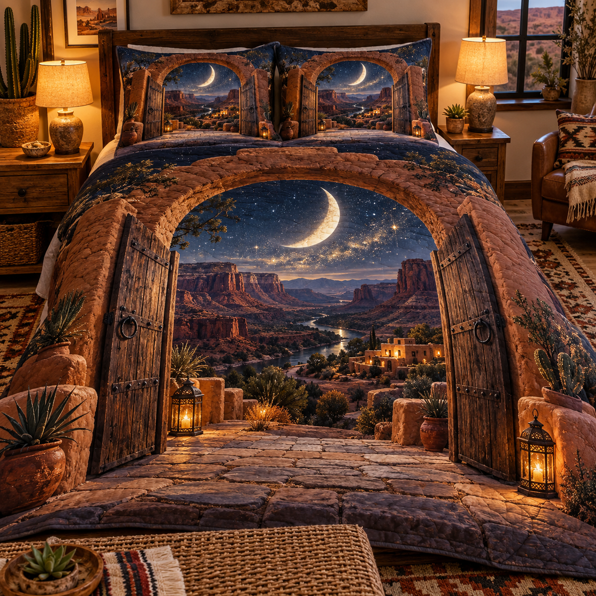 Desert Night Sky Studio Ornament with flat printed optical 3D turquoise stars, copper mesas and terracotta canyon corridors