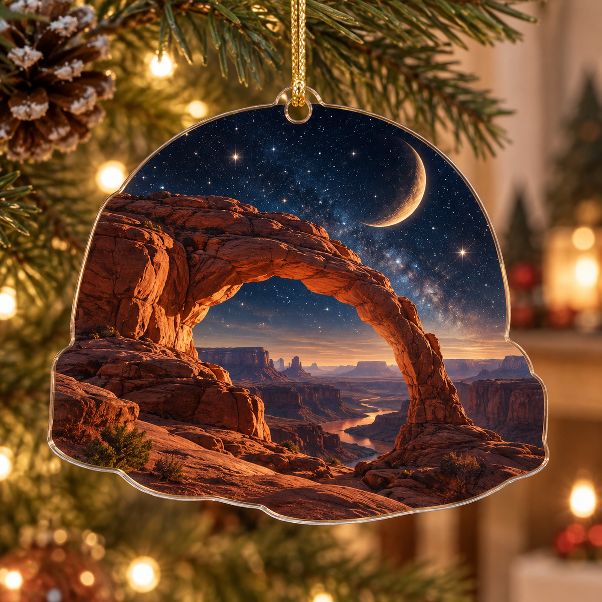 Desert Night Sky Host Gift Ornament with flat printed optical 3D navy stars, copper moon and terracotta desert mesas