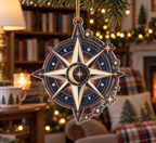 Star Compass Reading Nook Ornament with flat printed optical 3D ivory compass rose, indigo celestial rings and copper star routes
