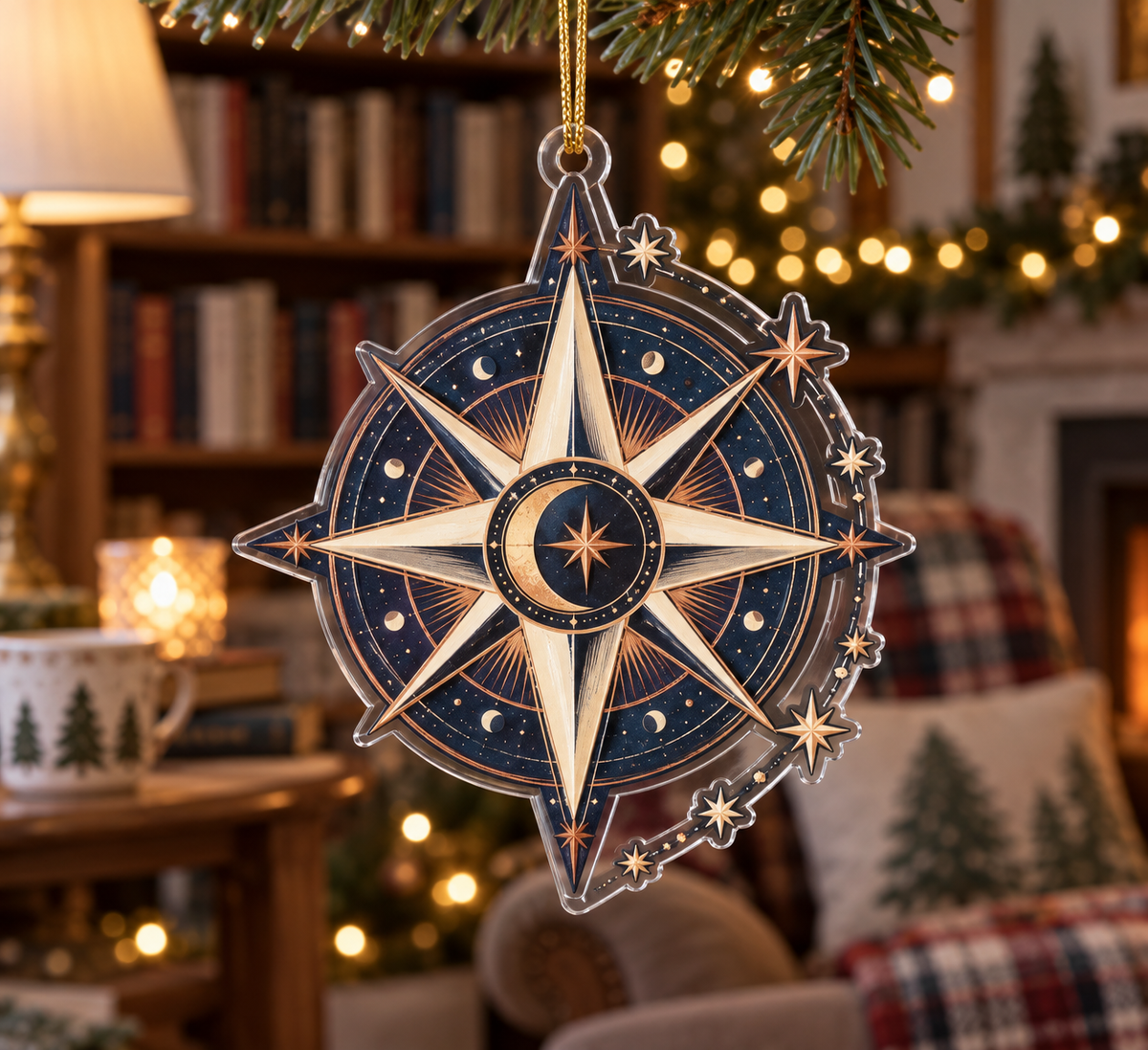 Star Compass Reading Nook Ornament with flat printed optical 3D ivory compass rose, indigo celestial rings and copper star routes
