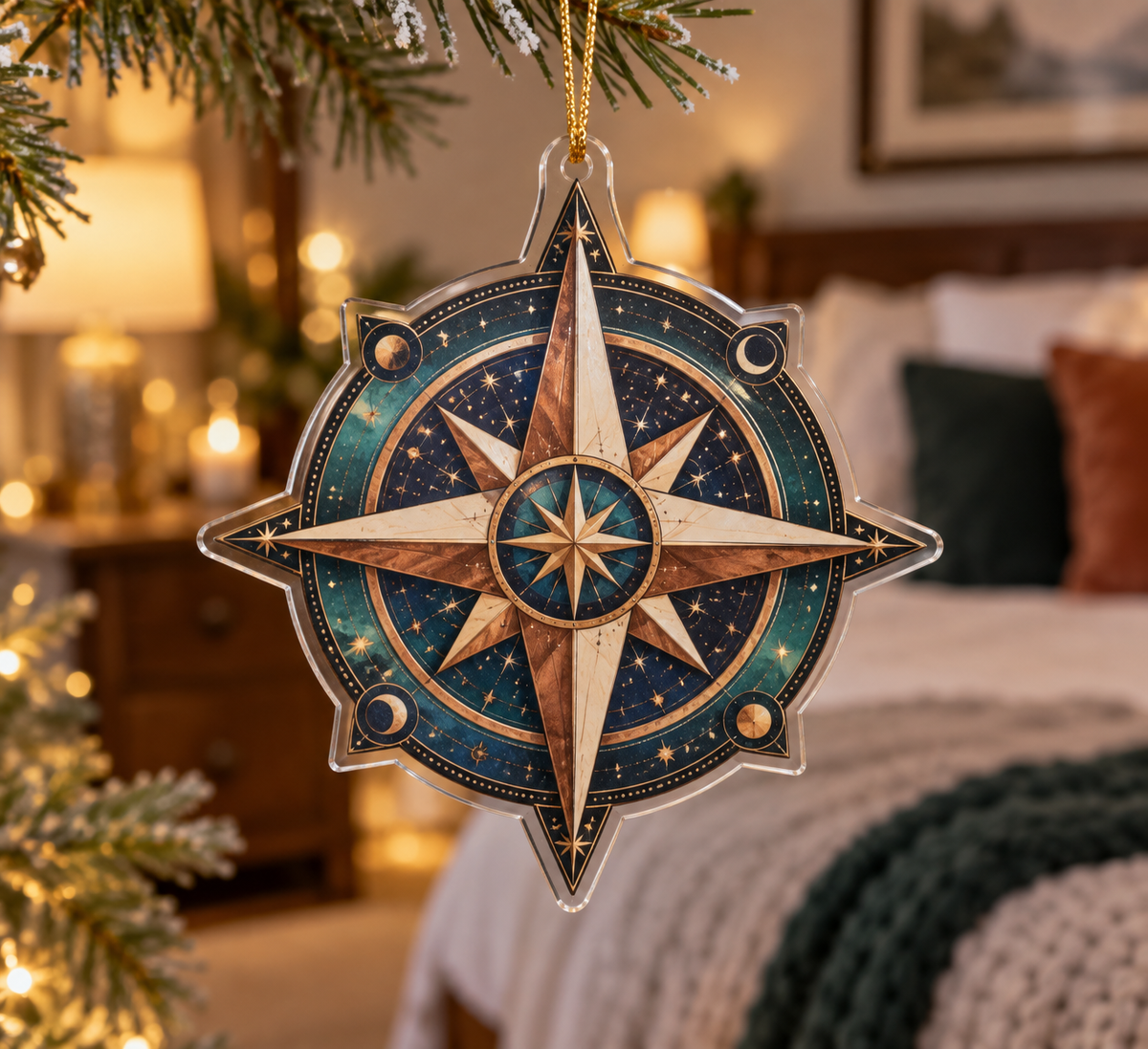 Star Compass Bedroom Ornament with flat printed optical 3D ivory compass rose, copper navigation rays and midnight star rings