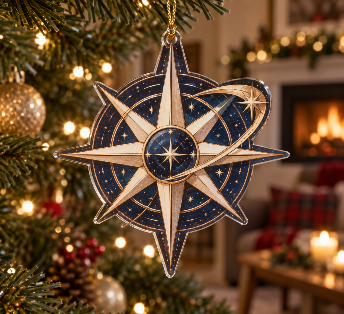 Star Compass Living Room Ornament with flat printed optical 3D ivory compass rose, copper rays and midnight-blue celestial rings
