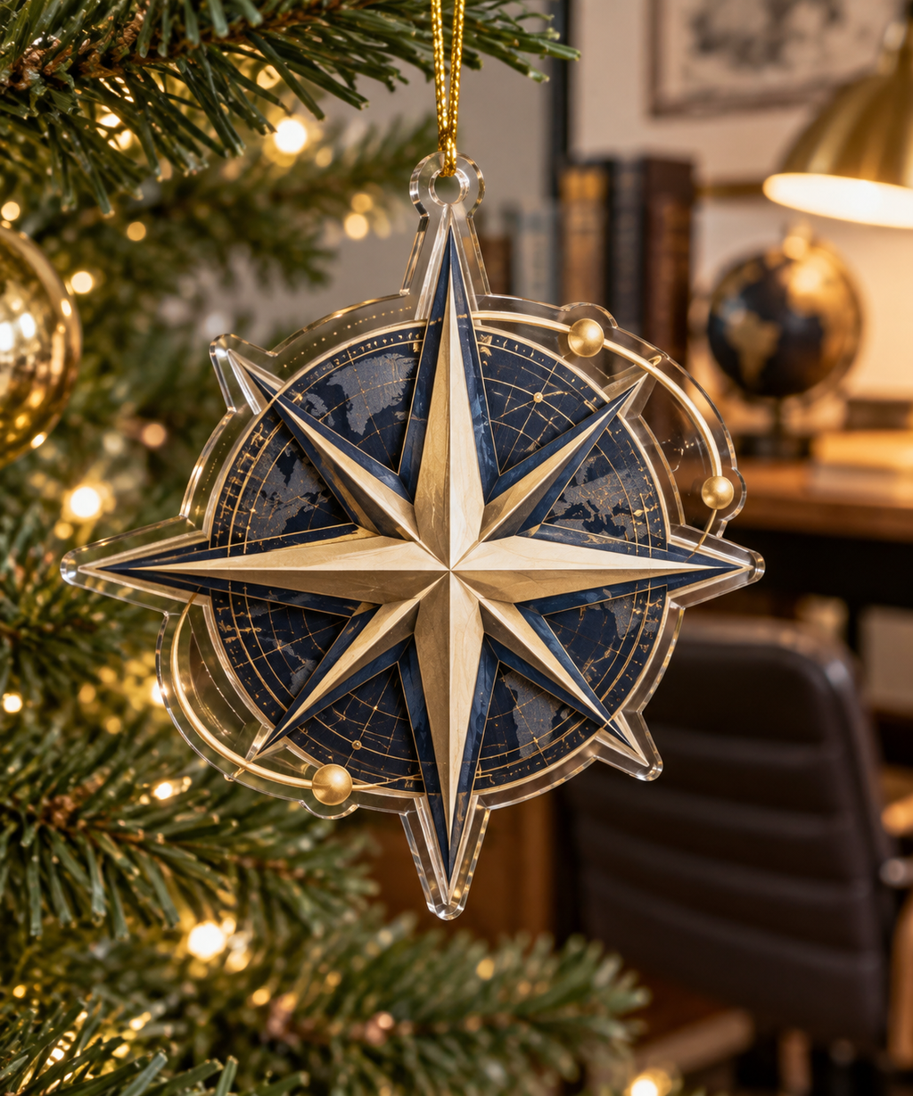 Star Compass Home Office Ornament with flat printed optical 3D ivory compass rose, antique brass rays and midnight navigation rings