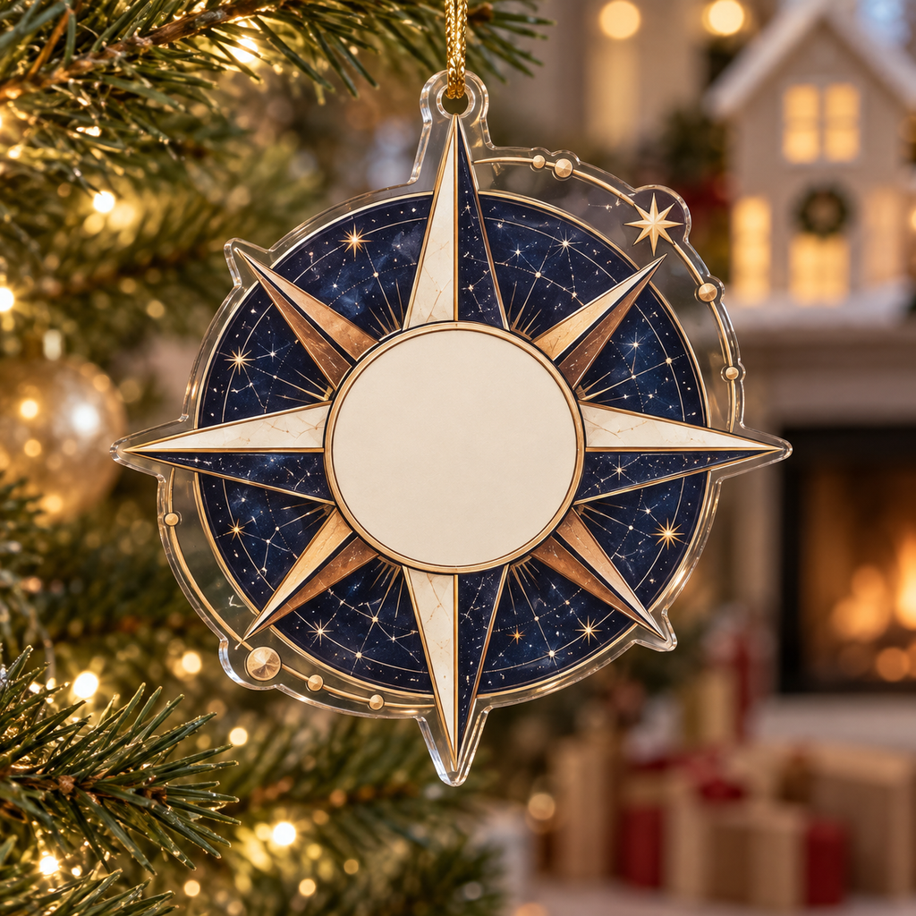 Star Compass Housewarming Ornament with flat printed optical 3D ivory compass rose, indigo star-map rings and copper navigation rays