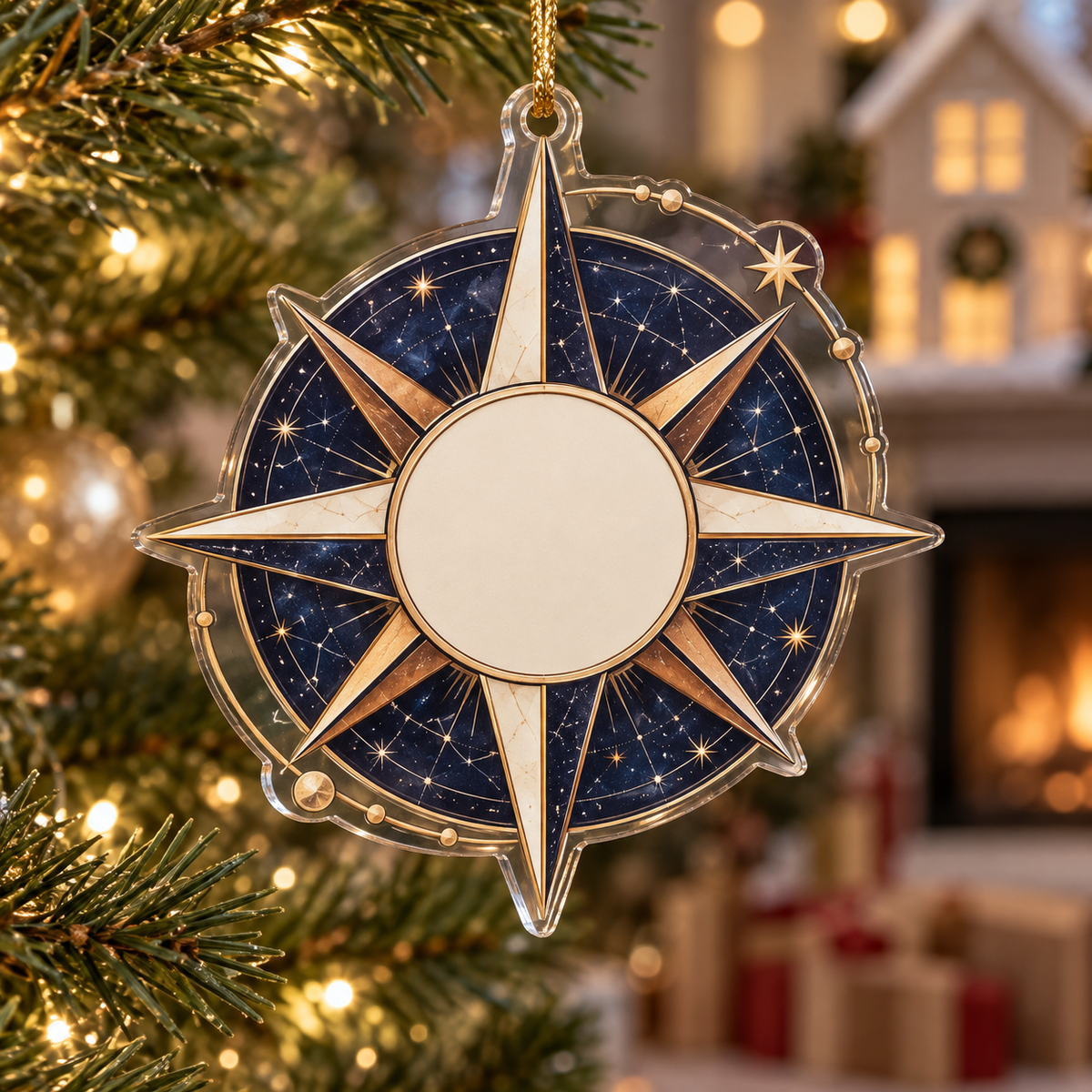 Star Compass Housewarming Ornament with flat printed optical 3D ivory compass rose, indigo star-map rings and copper navigation rays