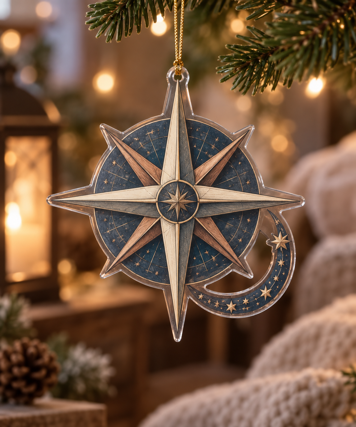 Star Compass Quiet Corner Ornament with flat printed optical 3D ivory compass rose, muted brass points and slate-blue celestial rings