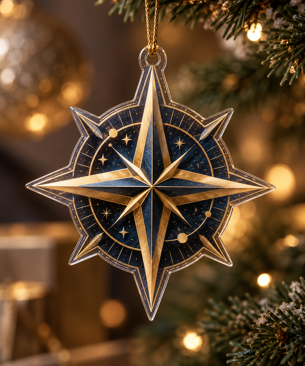 Star Compass Birthday Ornament with flat printed optical 3D antique-gold compass rose, navy celestial rings and pearl stars
