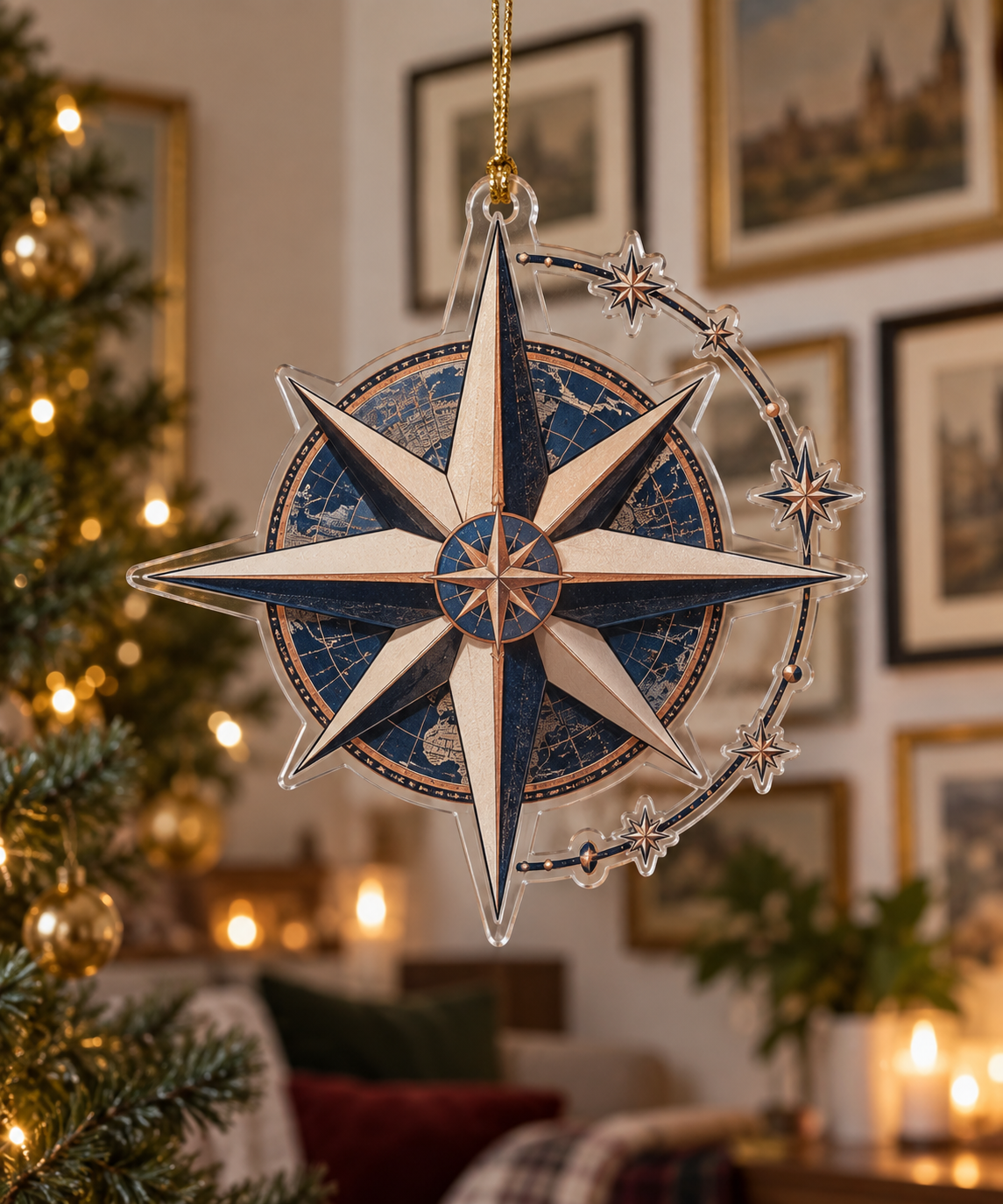 Star Compass Gallery Ornament with flat printed optical 3D ivory compass rose, indigo map panels and copper navigation rays