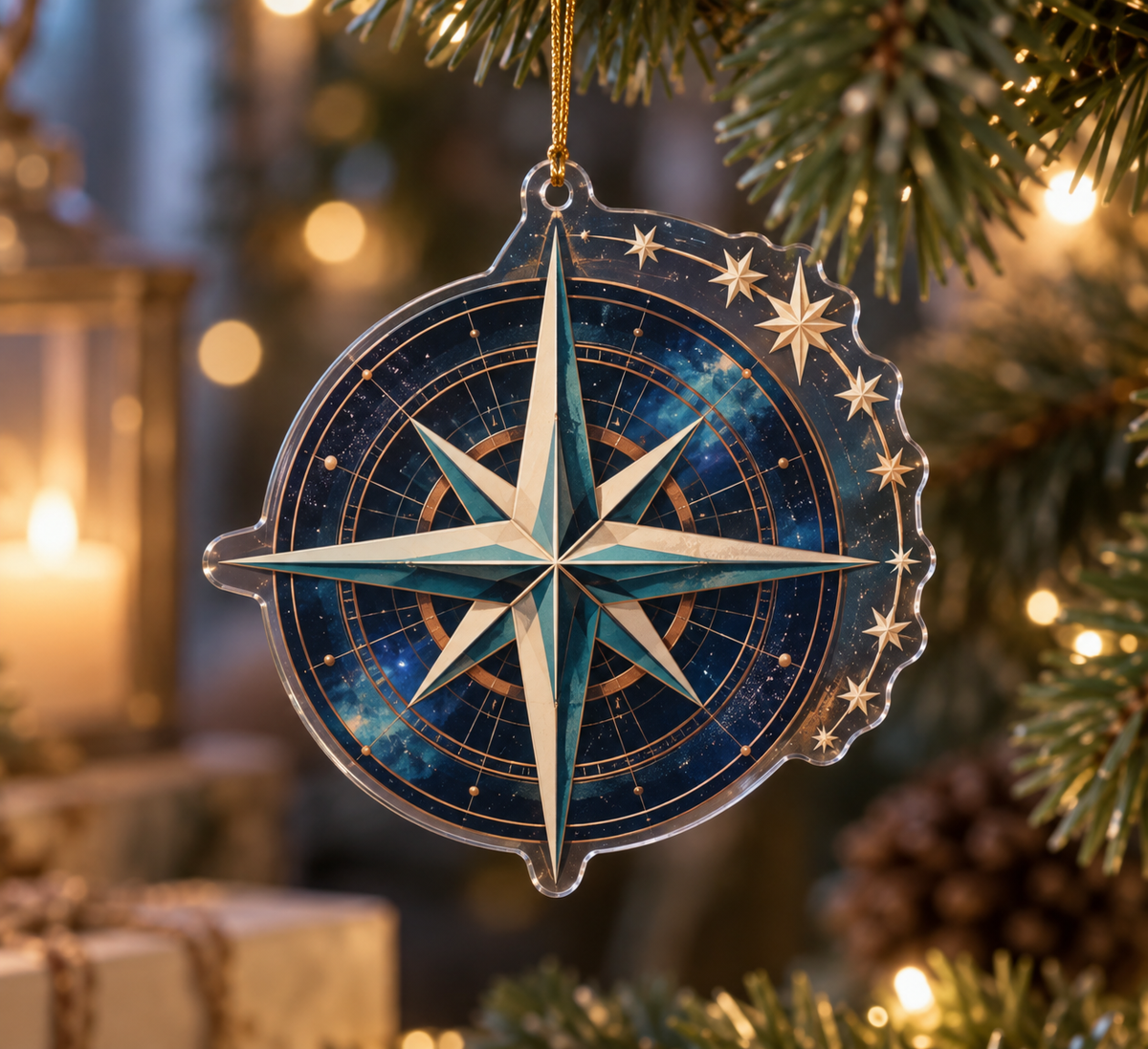 Star Compass Studio Ornament with flat printed optical 3D ivory compass rose, teal stars and copper routes
