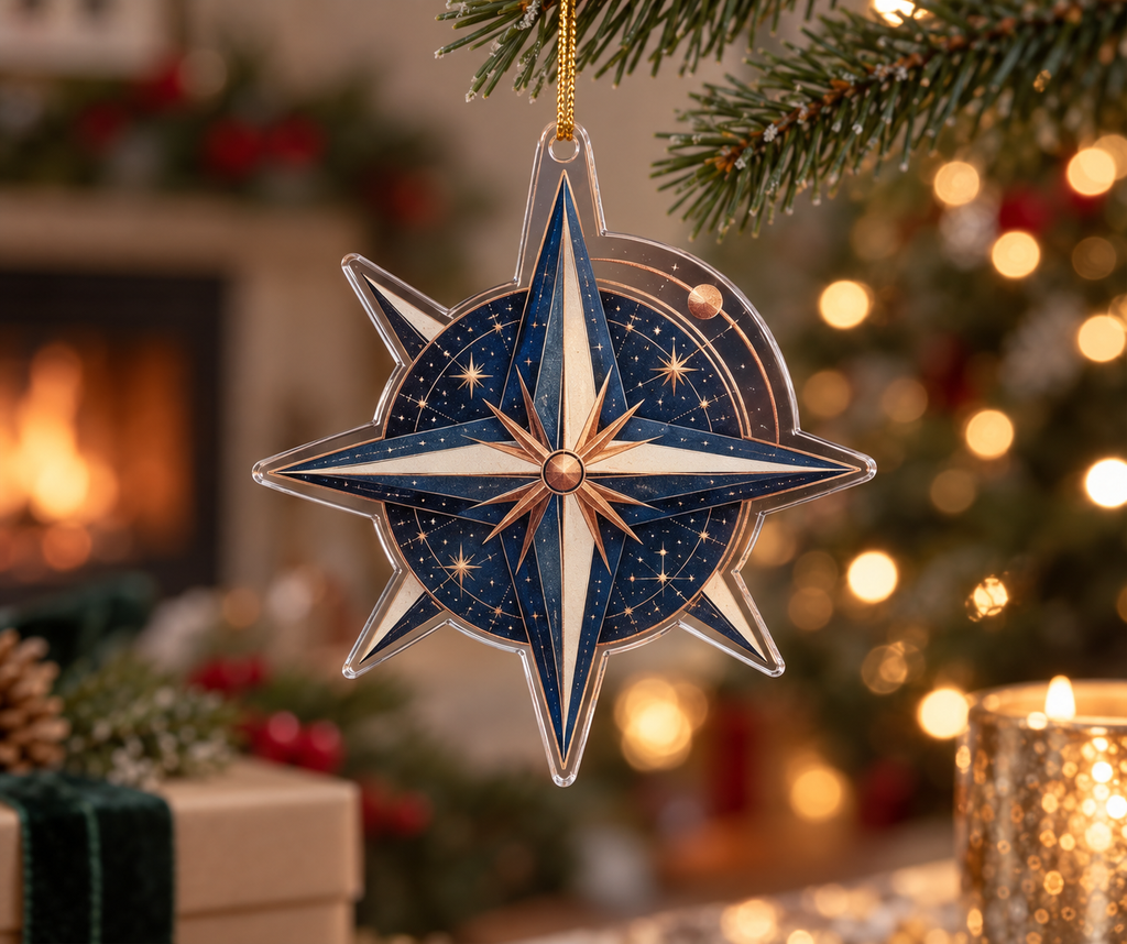 Star Compass Host Gift Ornament with flat printed optical 3D ivory compass rose, indigo celestial rings and warm copper rays