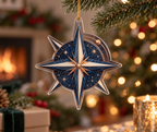 Star Compass Host Gift Ornament with flat printed optical 3D ivory compass rose, indigo celestial rings and warm copper rays
