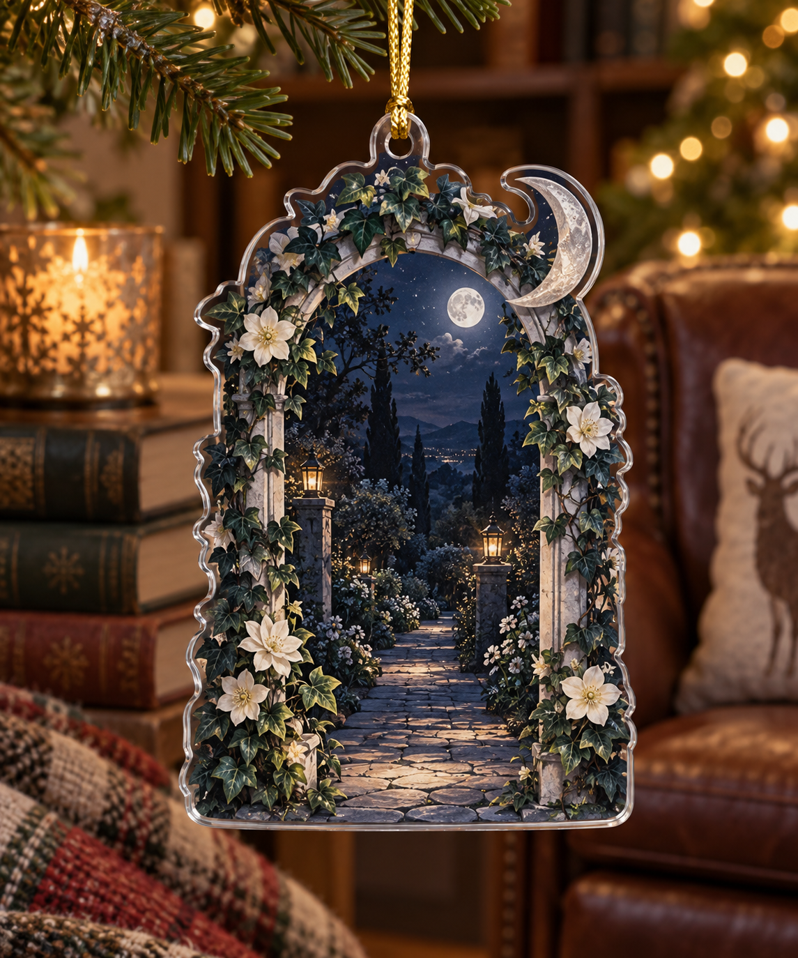 Moon Garden Gate Reading Nook Ornament with flat printed optical 3D moonlit ivy gate, silver crescent and indigo garden path