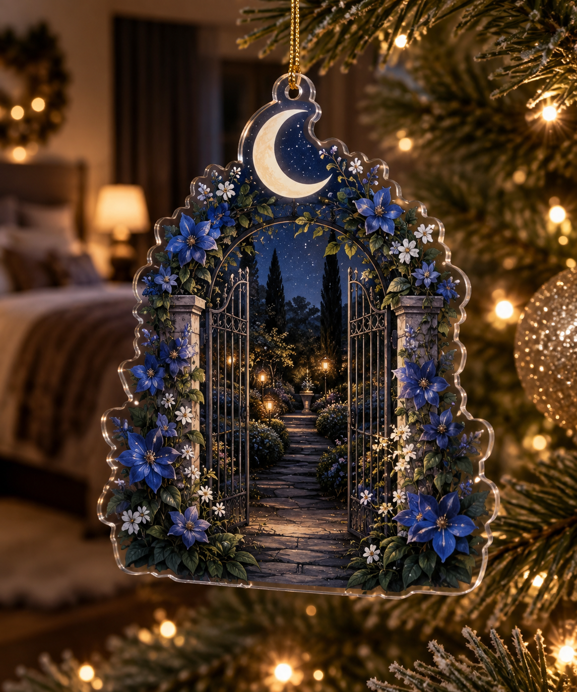 Moon Garden Gate Bedroom Ornament with flat printed optical 3D pearl moon, cobalt floral gate and receding garden path