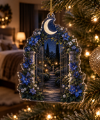 Moon Garden Gate Bedroom Ornament with flat printed optical 3D pearl moon, cobalt floral gate and receding garden path