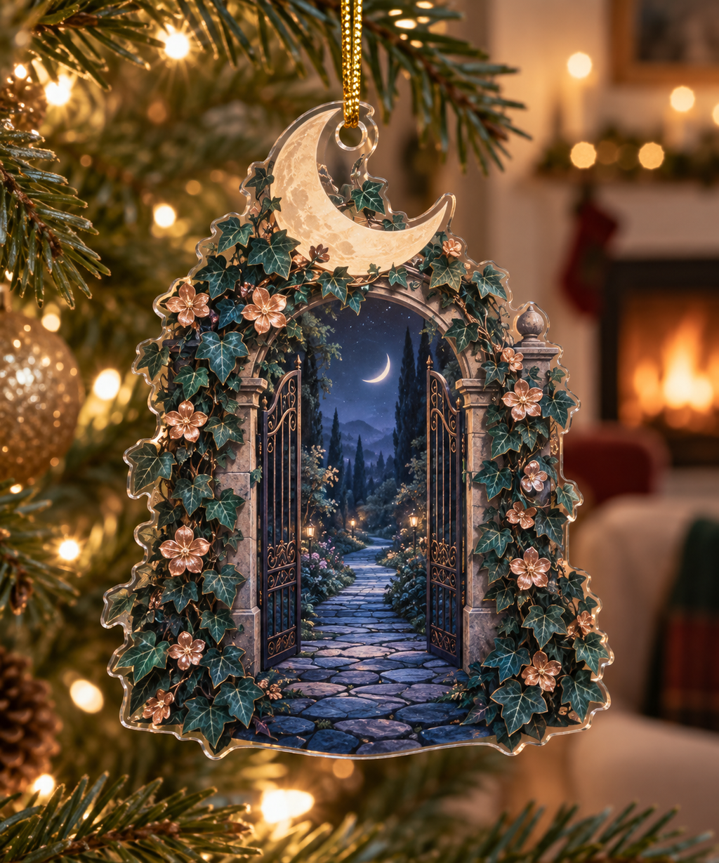 Moon Garden Gate Living Room Ornament with flat printed optical 3D cream moon, teal ivy arch and deep indigo garden path