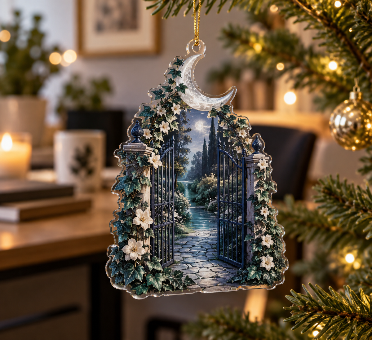 Moon Garden Gate Home Office Ornament with flat printed optical 3D silver moon, indigo ivy gate and teal garden path