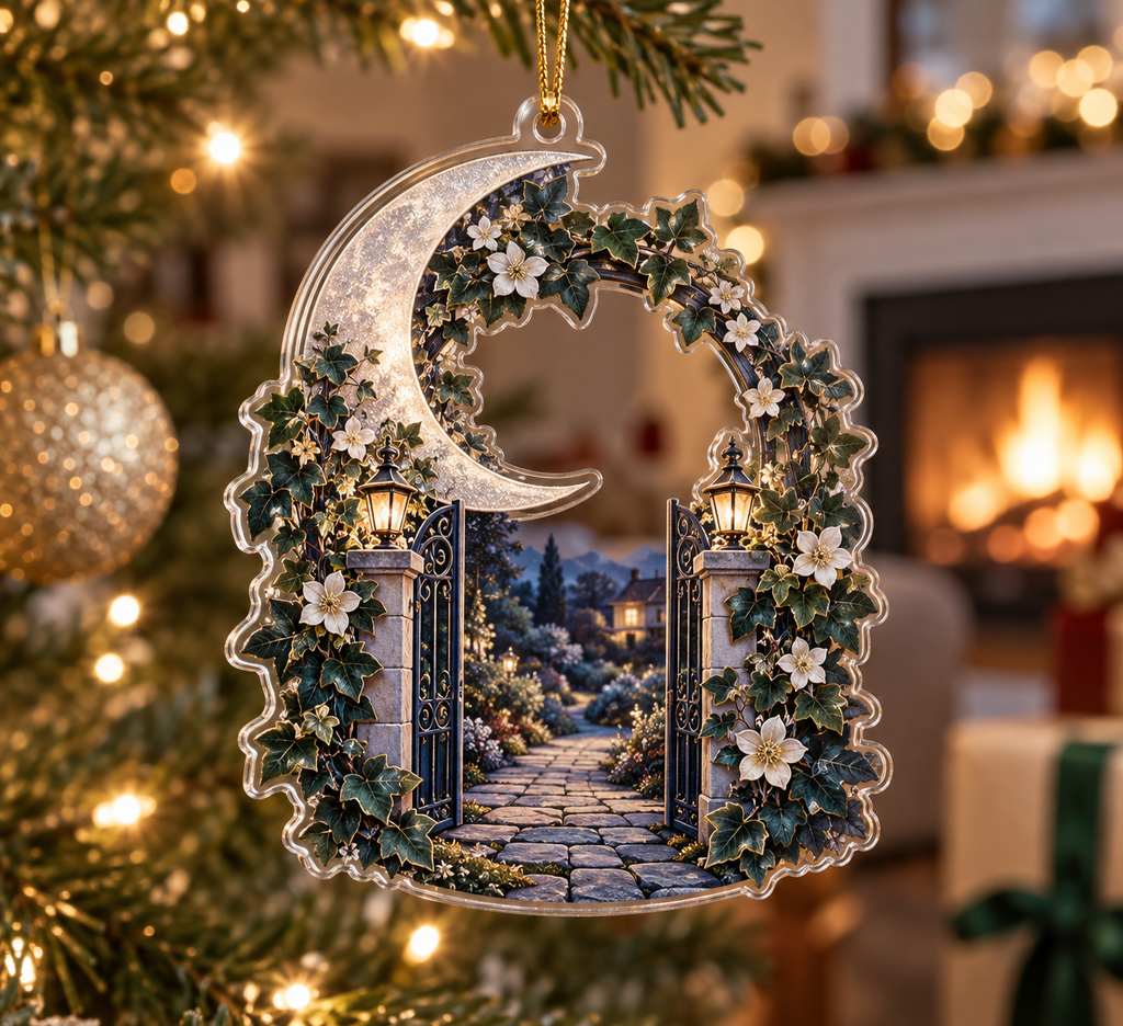 Moon Garden Gate Housewarming Ornament with flat printed optical 3D silver crescent, teal ivy gate and indigo garden path