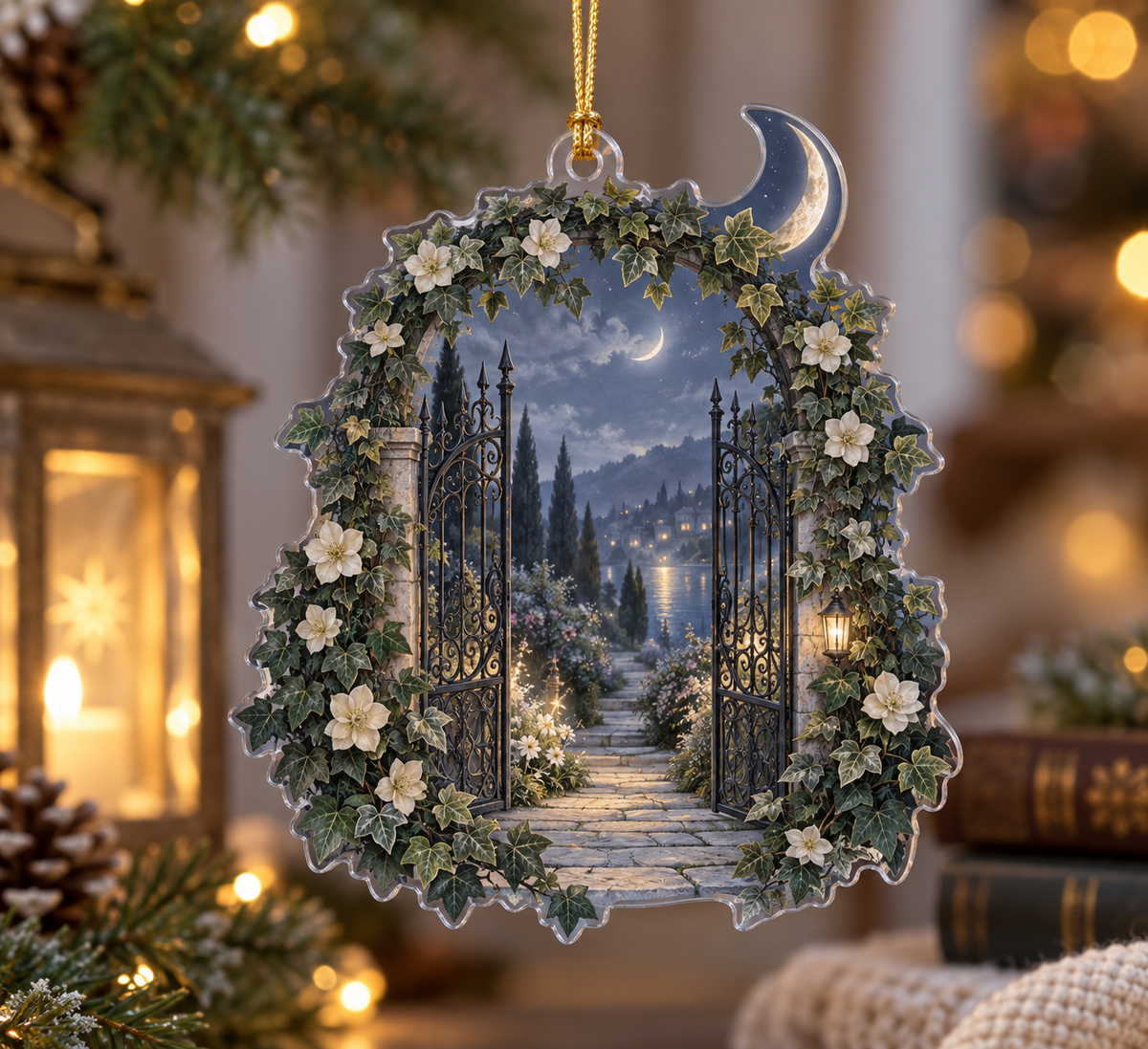 Moon Garden Gate Quiet Corner Ornament with flat printed optical 3D misty moon, sage ivy arch and slate-blue garden path