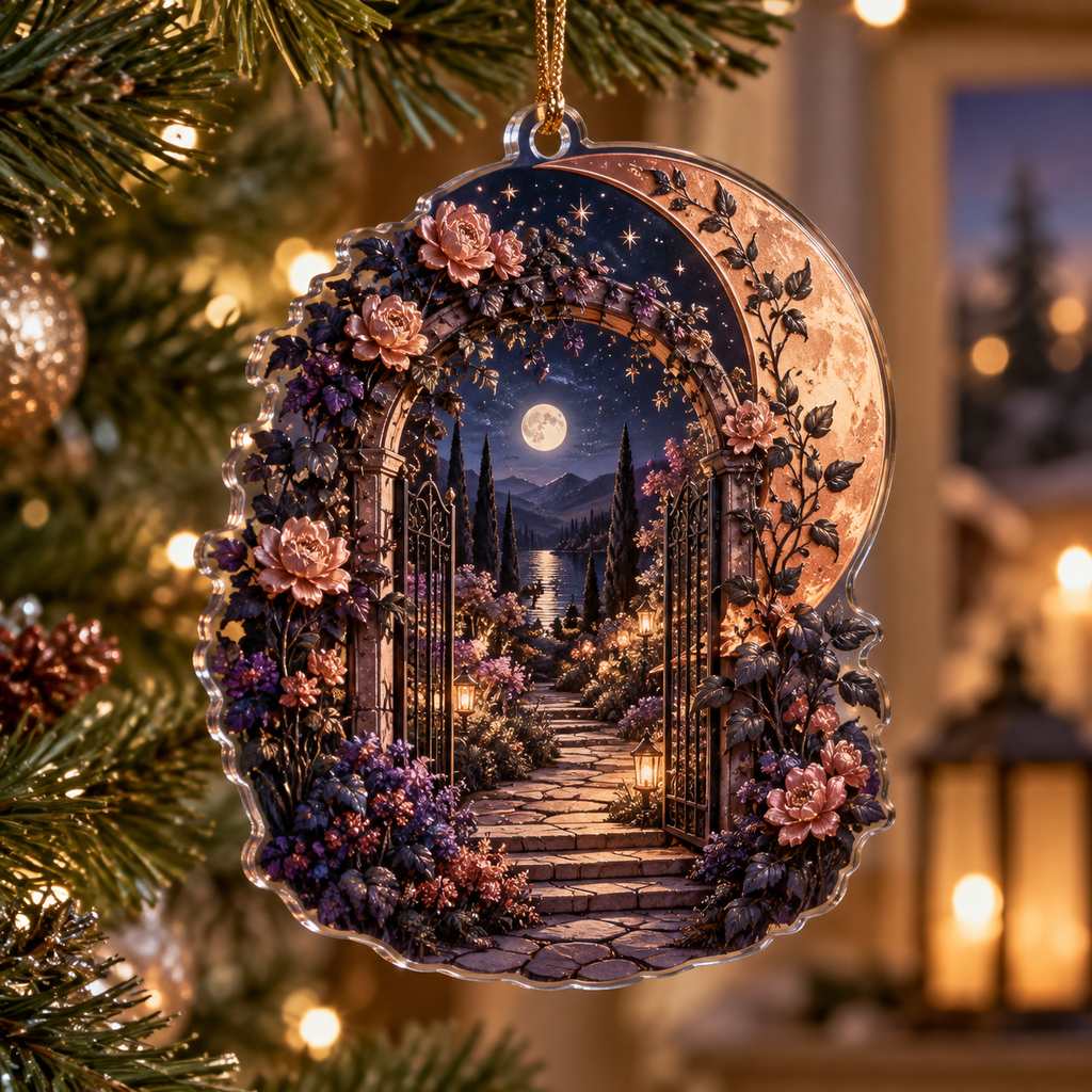 Moon Garden Gate Birthday Ornament with flat printed optical 3D copper moon, plum flowers and indigo garden path