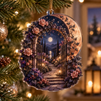 Moon Garden Gate Birthday Ornament with flat printed optical 3D copper moon, plum flowers and indigo garden path