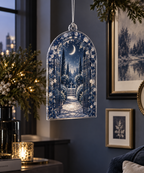 Moon Garden Gate Gallery Ornament with flat printed optical 3D crescent moon, indigo garden gate and receding path