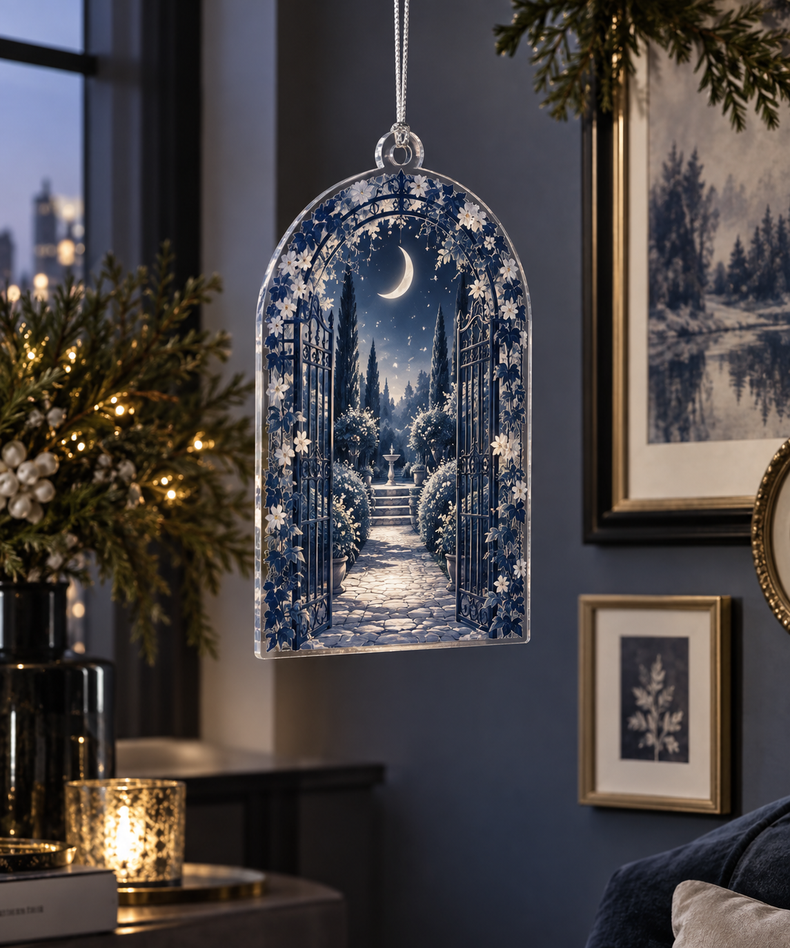 Moon Garden Gate Gallery Ornament with flat printed optical 3D crescent moon, indigo garden gate and receding path