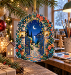 Moon Garden Gate Studio Ornament with flat printed optical 3D teal crescent, cobalt floral gate and receding mosaic path