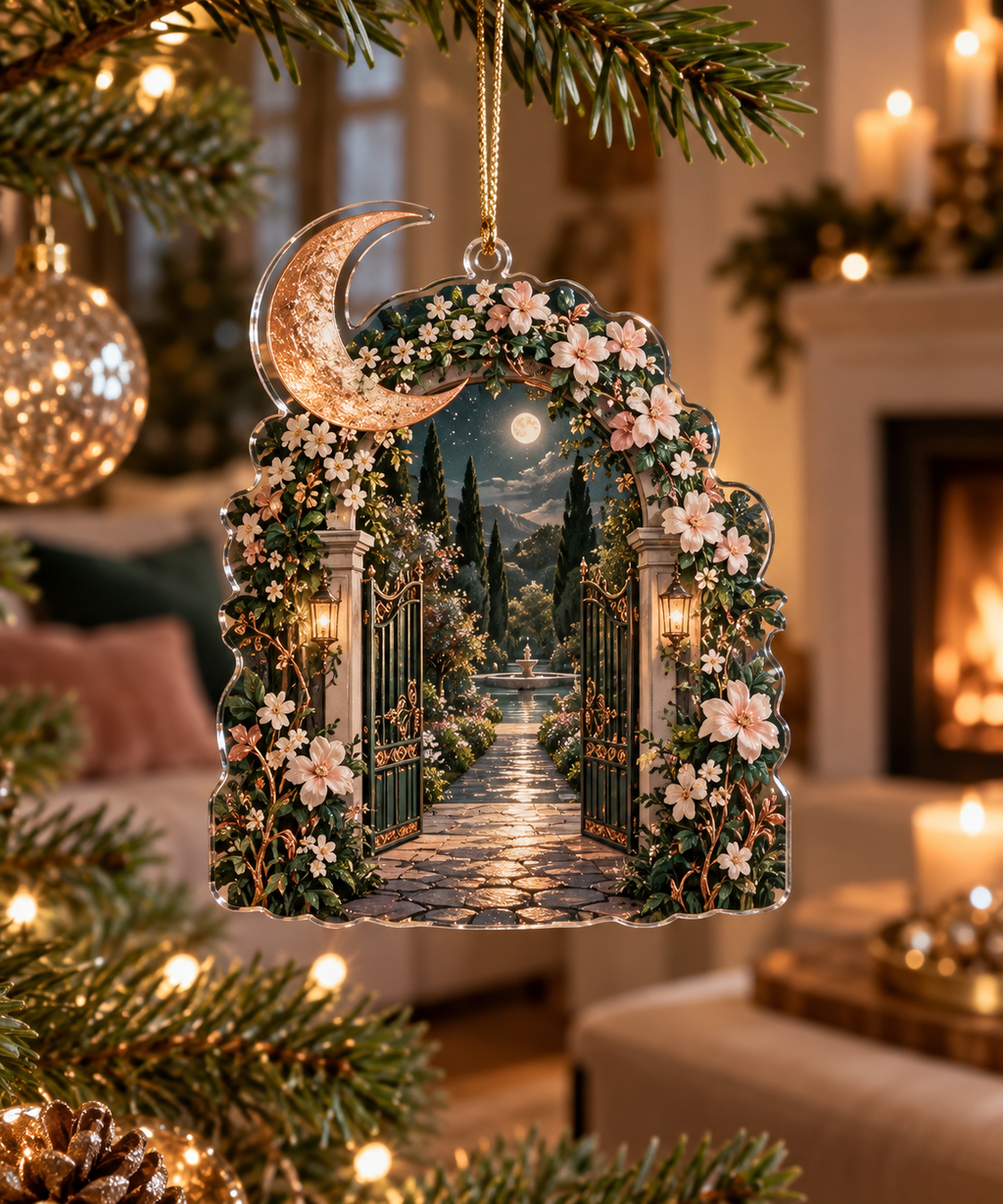 Moon Garden Gate Host Gift Ornament with flat printed optical 3D champagne crescent, emerald floral gate and receding garden path