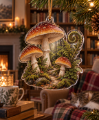 Woodland Mushroom Reading Nook Ornament with flat printed optical 3D woodland mushrooms, ferns and receding forest path