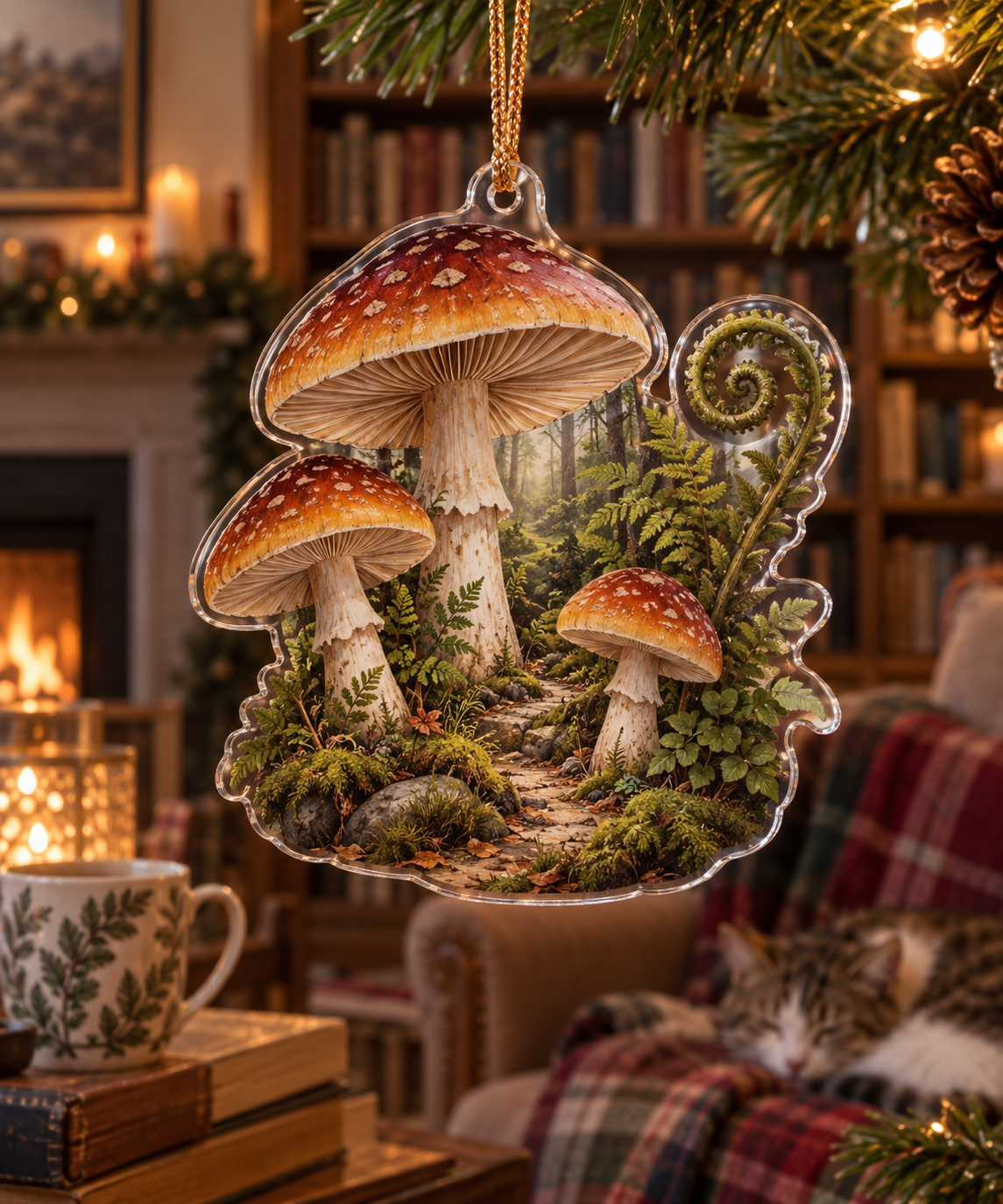 Woodland Mushroom Reading Nook Ornament with flat printed optical 3D woodland mushrooms, ferns and receding forest path