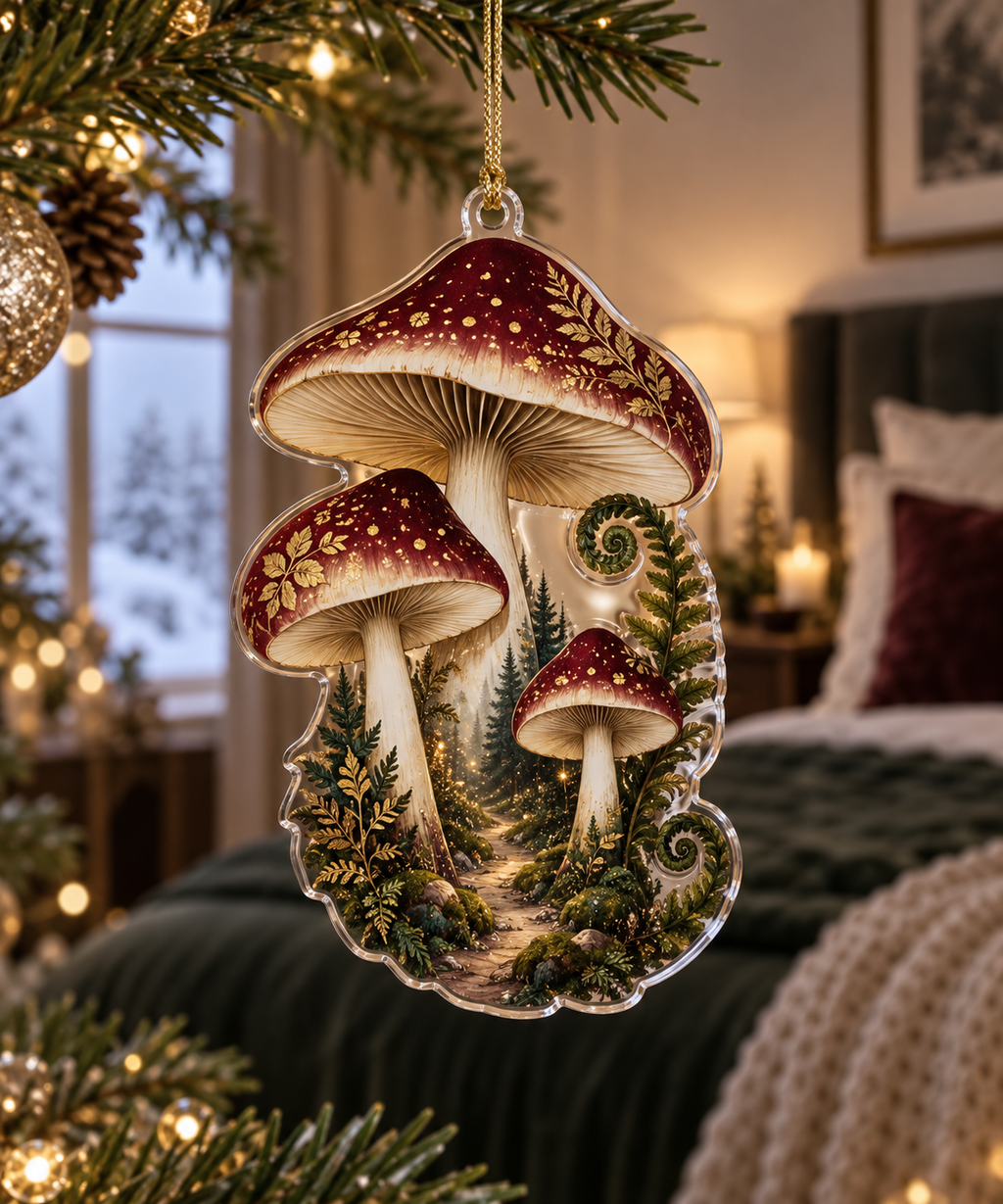 Woodland Mushroom Bedroom Ornament with flat printed optical 3D burgundy mushrooms, dark ferns and receding forest path