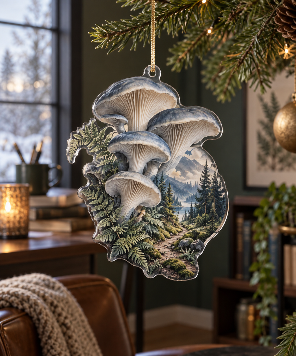 Woodland Mushroom Office Ornament with flat printed optical 3D smoky-blue oyster mushrooms, sage ferns and forest path