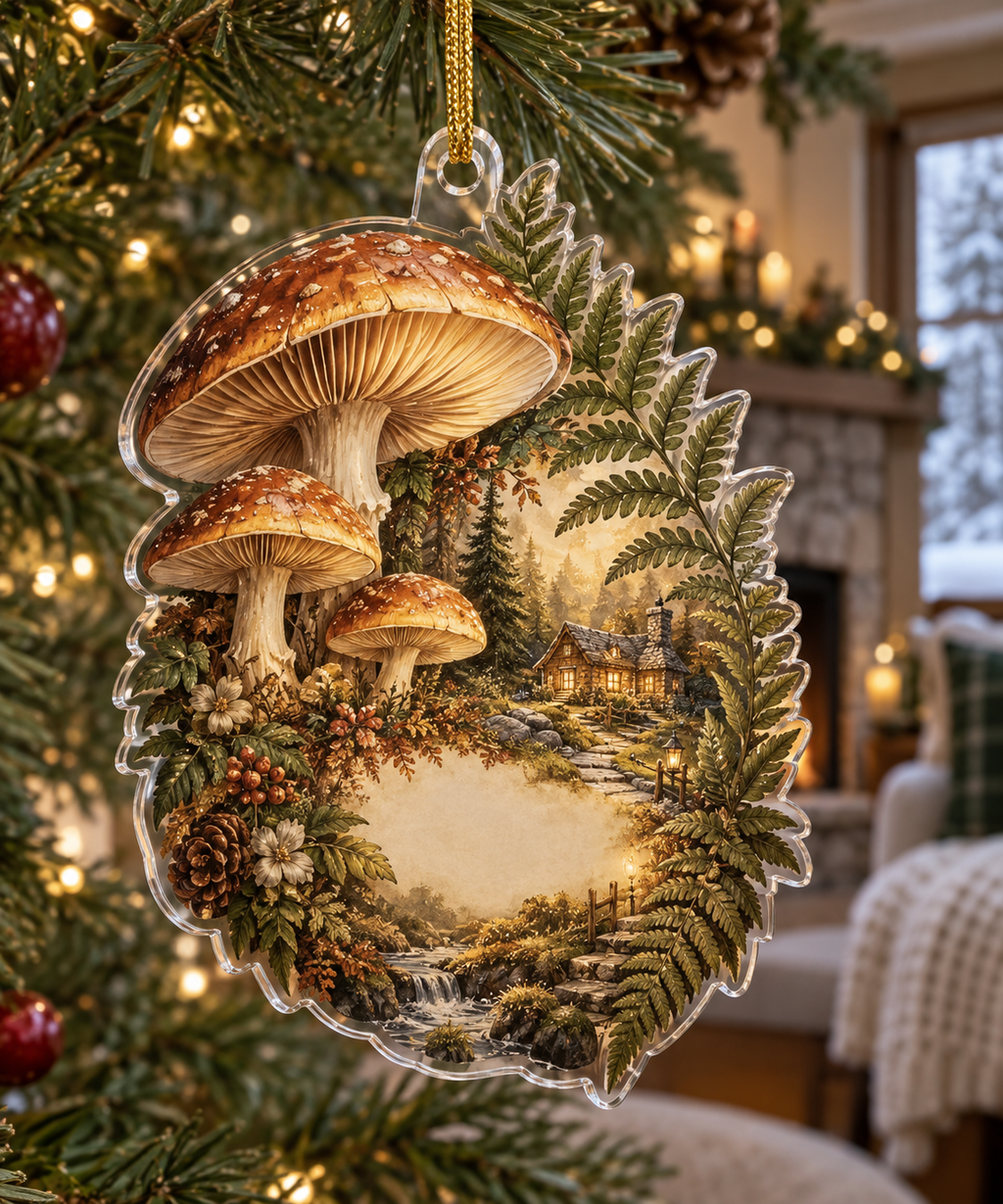 Woodland Mushroom Housewarming Ornament with flat printed optical 3D honey mushrooms, sage ferns and cottage path; customer family name added after ordering