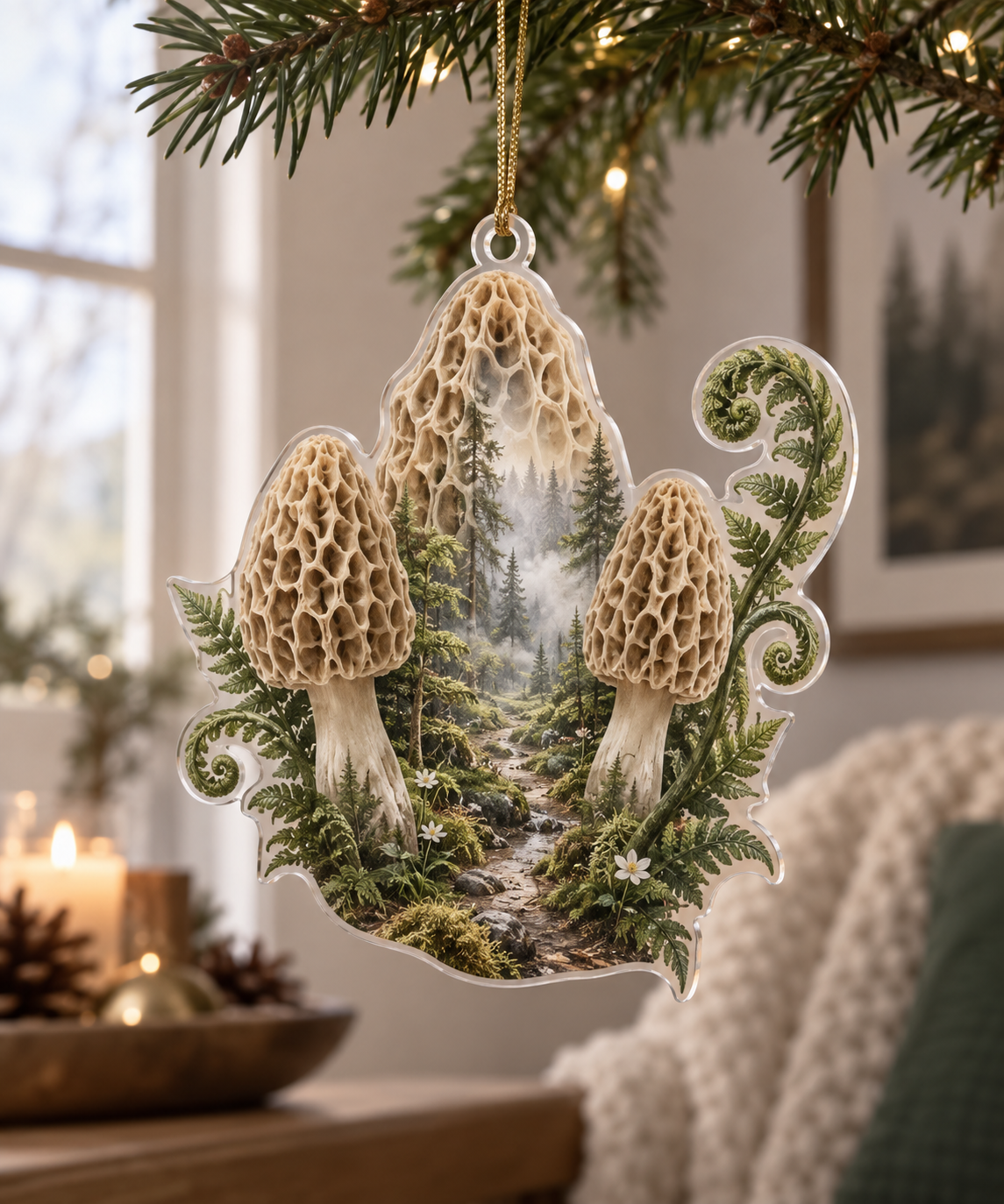 Woodland Mushroom Quiet Corner Ornament with flat printed optical 3D ivory morels, sage ferns and misty forest path