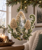 Woodland Mushroom Quiet Corner Ornament with flat printed optical 3D ivory morels, sage ferns and misty forest path