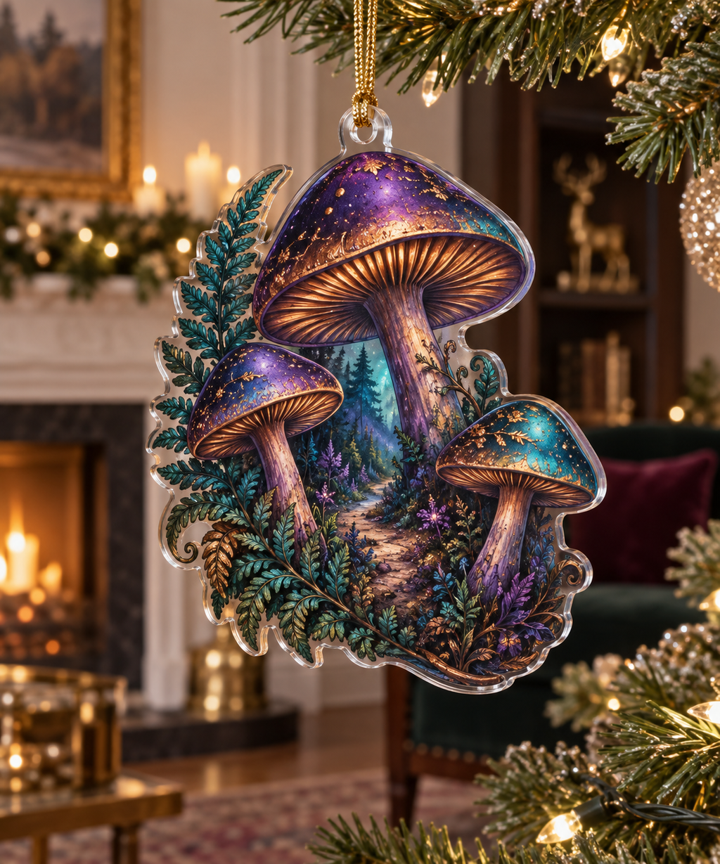 Woodland Mushroom Birthday Ornament with flat printed optical 3D violet and copper mushrooms, teal ferns and forest path