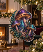 Woodland Mushroom Birthday Ornament with flat printed optical 3D violet and copper mushrooms, teal ferns and forest path