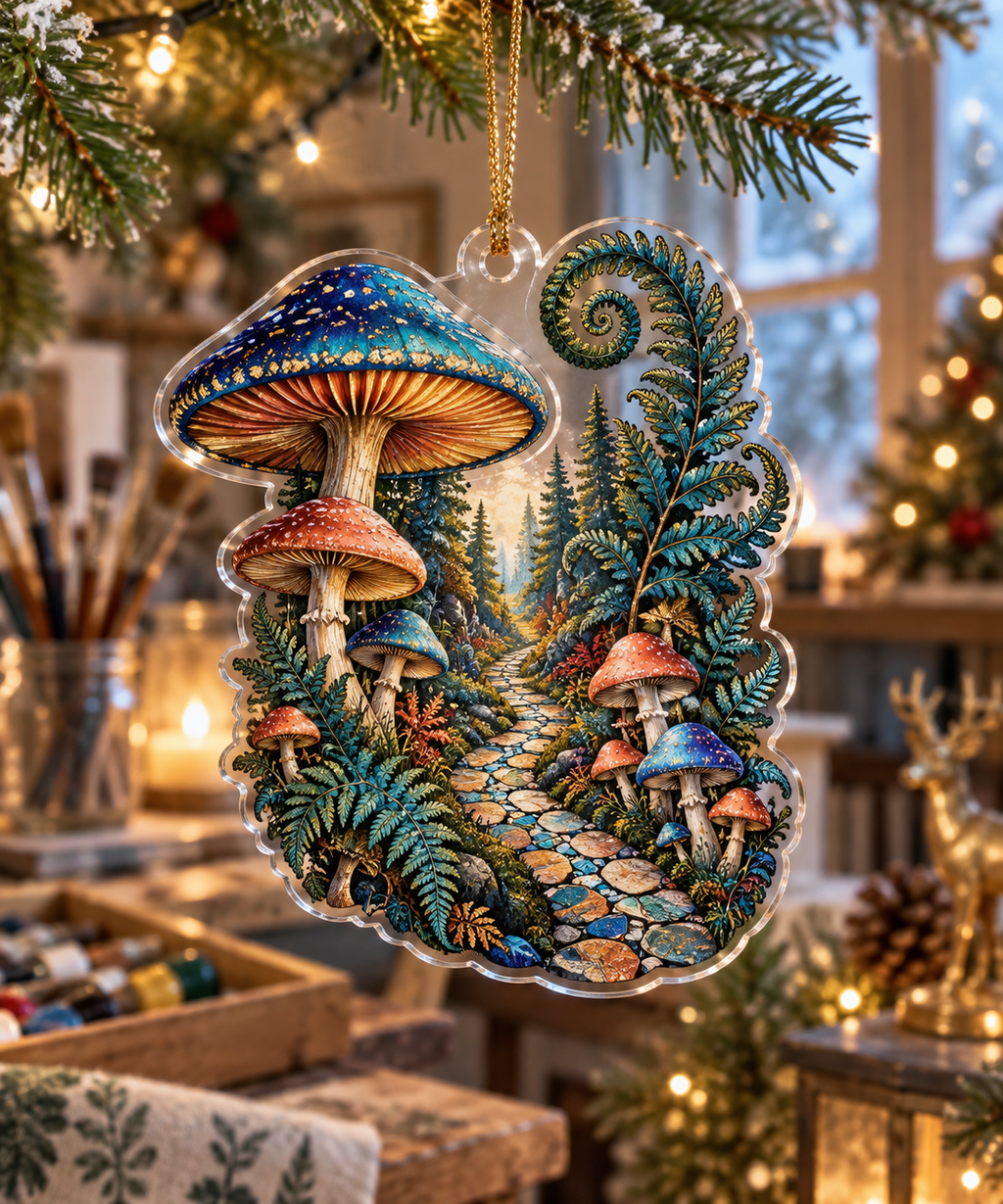 Woodland Mushroom Studio Ornament with flat printed optical 3D cobalt and coral mushrooms, teal ferns and mosaic forest path
