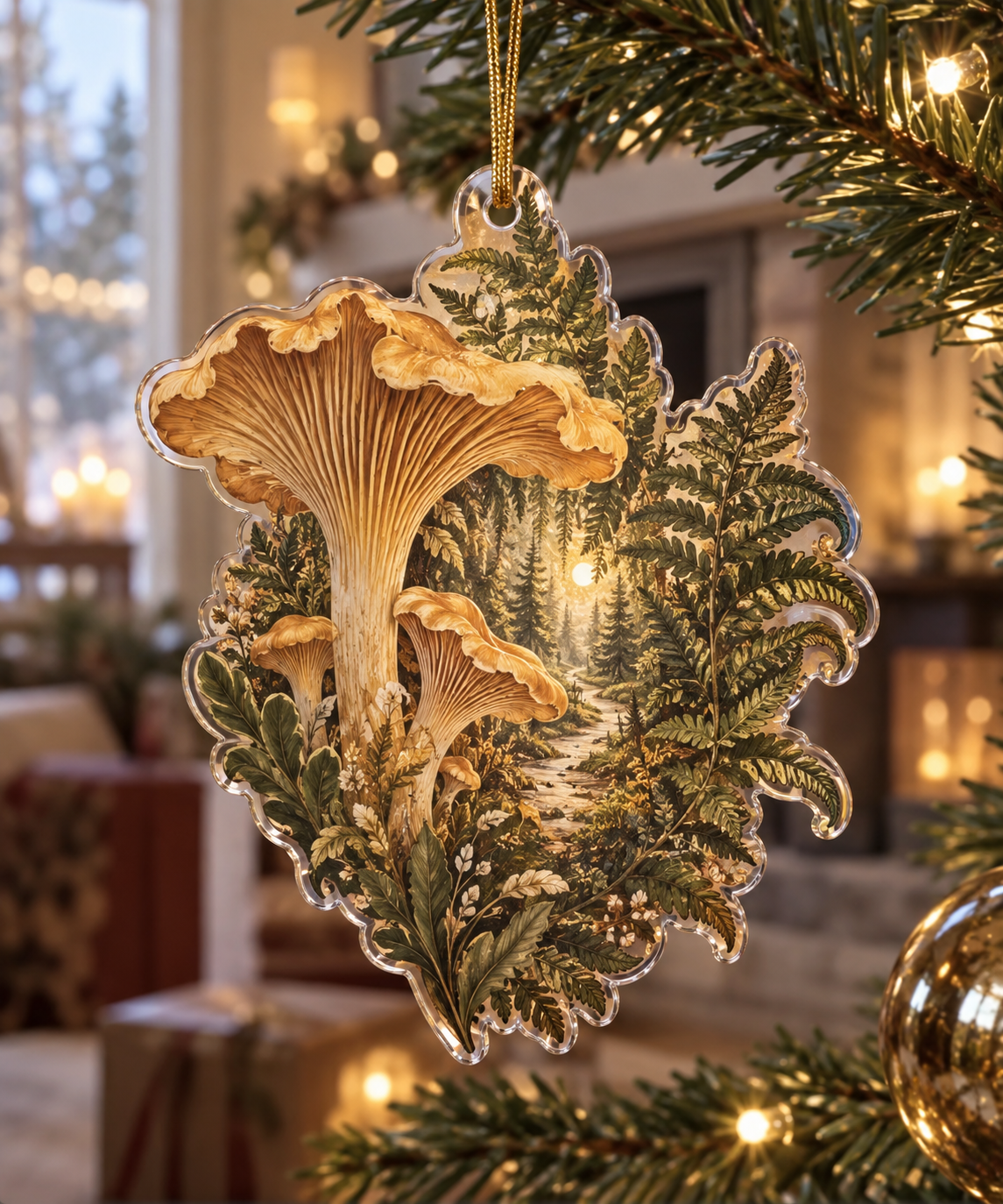 Woodland Mushroom Host Gift Ornament with flat printed optical 3D golden mushrooms, sage ferns and sunlit forest path