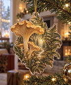 Woodland Mushroom Host Gift Ornament with flat printed optical 3D golden mushrooms, sage ferns and sunlit forest path
