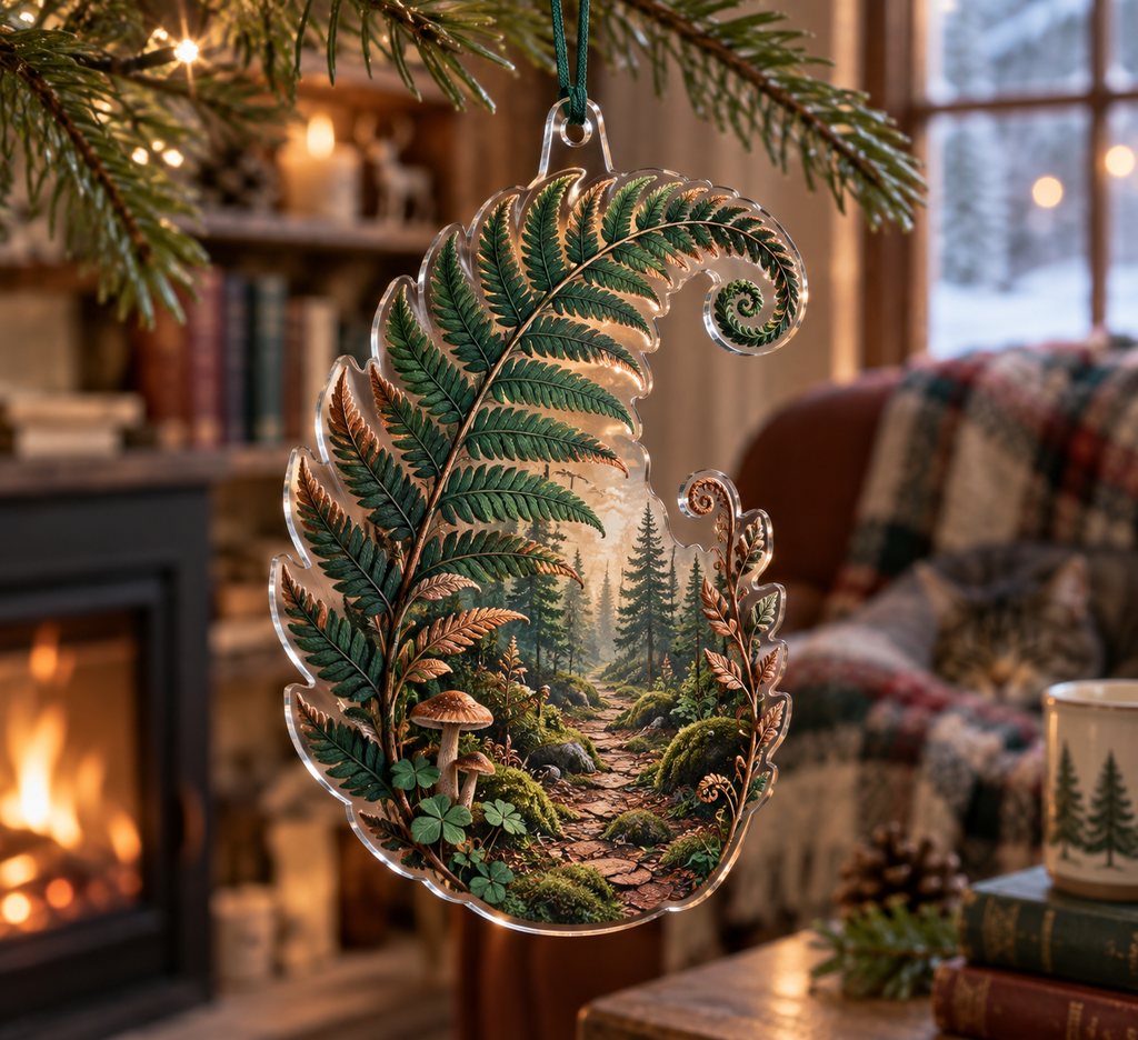 Fern Forest Floor Reading Nook Ornament with flat printed optical 3D emerald ferns, copper leaves and receding moss trail