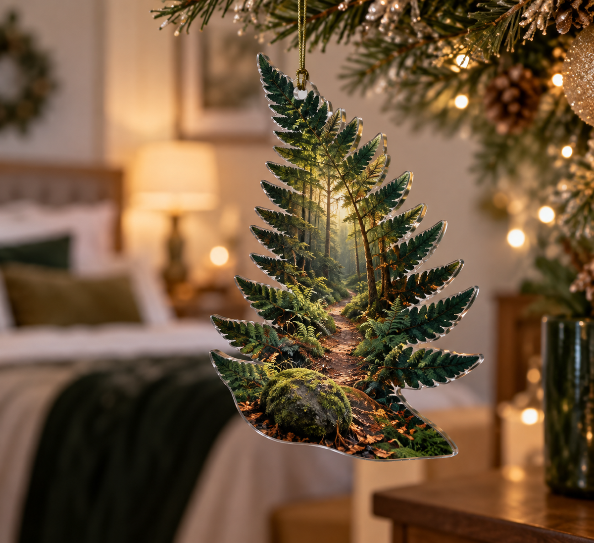Fern Forest Floor Bedroom Ornament with flat printed optical 3D deep emerald ferns, copper leaves and mossy forest trail