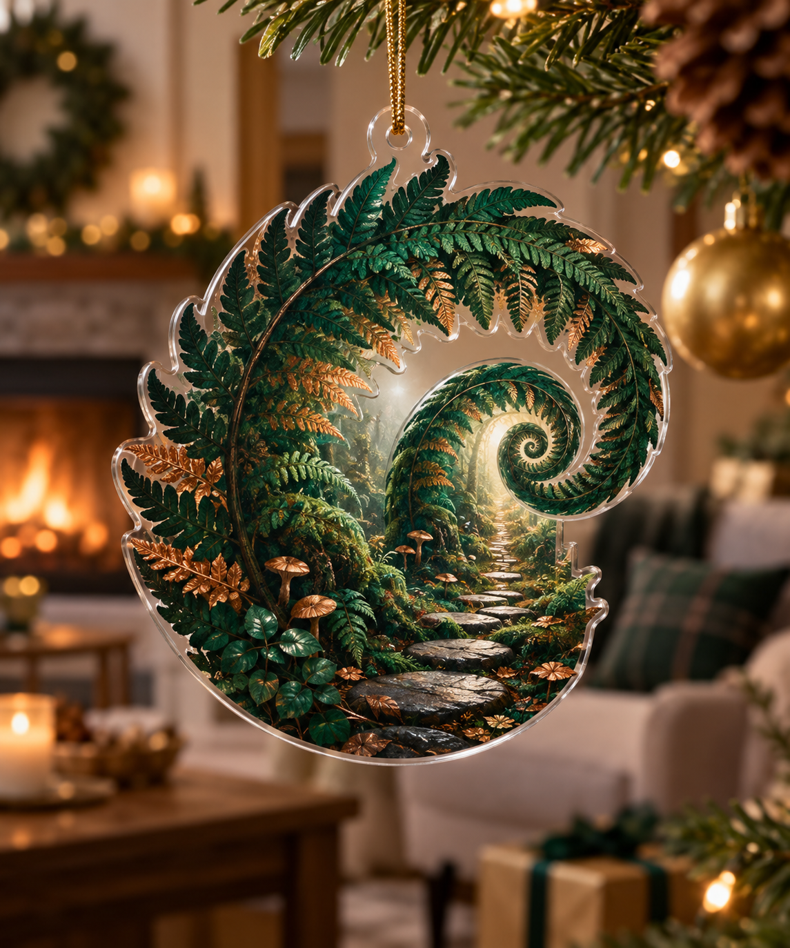 Fern Forest Floor Living Room Ornament with flat printed optical 3D luminous emerald fern spiral, copper leaves and stepping-stone path